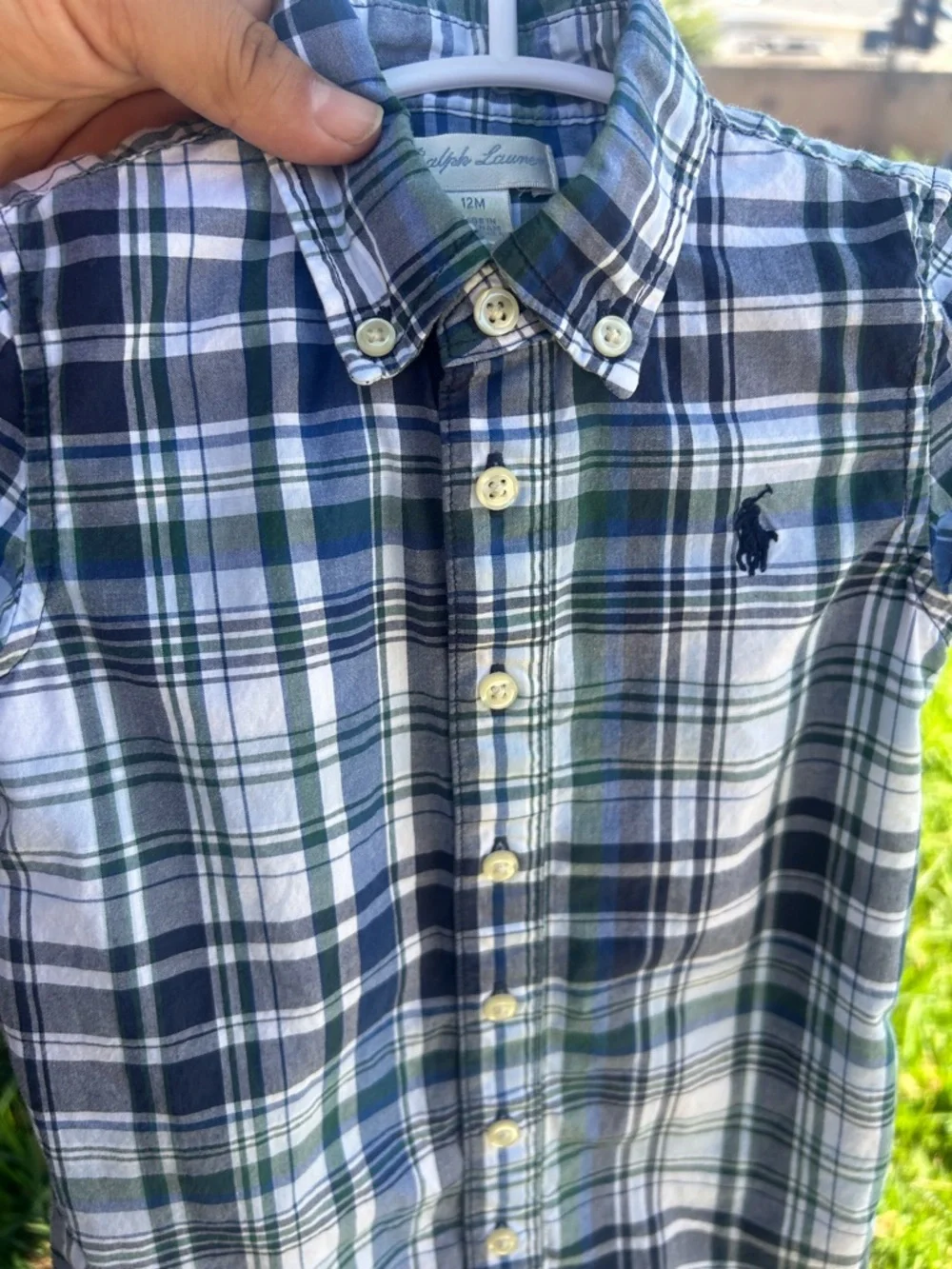Ralph Lauren Navy, White & Green Plaid Short-Sleeve Romper